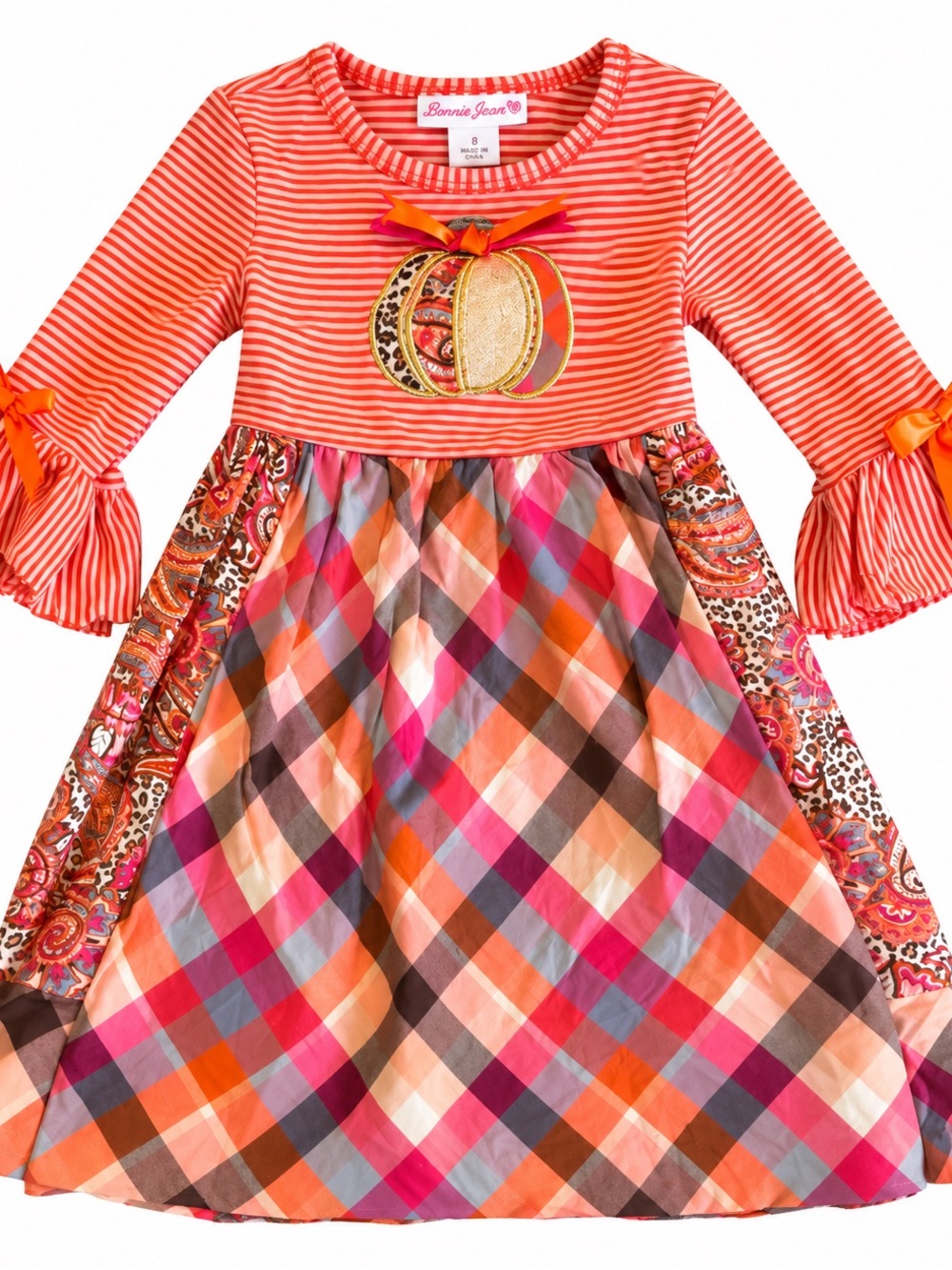 Bonnie Jean Orange Pink Plaid Pumpkin Patch Dress